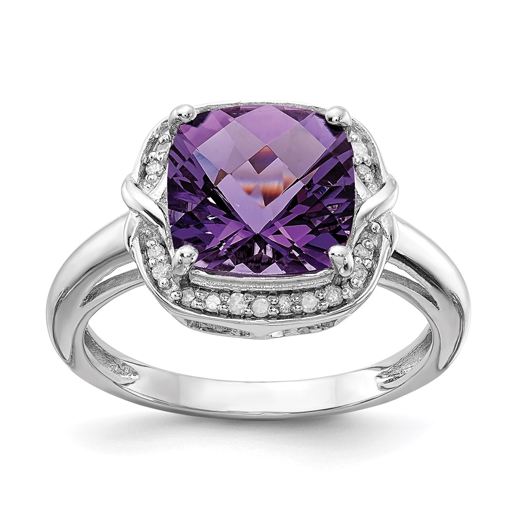 Sterling Silver Rhodium-plated Diamond & Checker-Cut Amethyst Ring (QR3039AM-8)