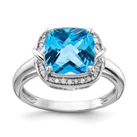 Sterling Silver Rhodium Diam. & Checker-Cut Blue Topaz Ring view 1