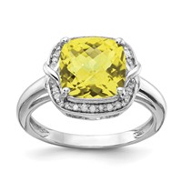 Sterling Silver Rhodium Diam. & Checker-Cut Lemon Quartz Ring view 1