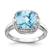 Sterling Silver Rhodium Diam. & Checker-Cut Sky Blue Topaz Ring view 1
