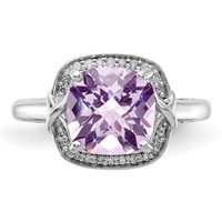 Sterling Silver Rhodium Diam. & Checker-Cut Pink Quartz Ring view 5
