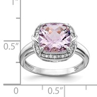 Sterling Silver Rhodium Diam. & Checker-Cut Pink Quartz Ring view 3