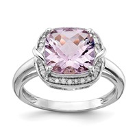 Sterling Silver Rhodium Diam. & Checker-Cut Pink Quartz Ring view 1
