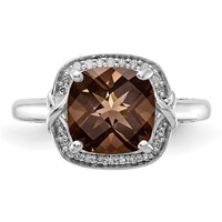 Sterling Silver Rhodium Diam. & Checker-Cut Smoky Quartz Ring view 5