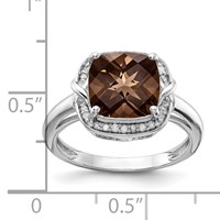 Sterling Silver Rhodium Diam. & Checker-Cut Smoky Quartz Ring view 3