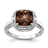 Sterling Silver Rhodium Diam. & Checker-Cut Smoky Quartz Ring view 1