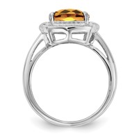 Sterling Silver Rhodium Diam. & Checker-Cut Whiskey Quartz Ring view 2
