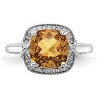 Sterling Silver Rhodium Diam. & Checker-Cut Whiskey Quartz Ring view 5