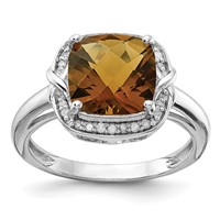 Sterling Silver Rhodium Diam. & Checker-Cut Whiskey Quartz Ring view 1