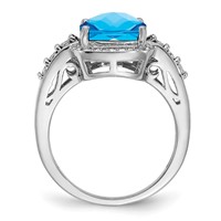 Sterling Silver Rhodium Diam. & Checker-Cut Blue Topaz Ring view 2