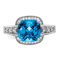 Sterling Silver Rhodium Diam. & Checker-Cut Blue Topaz Ring view 5
