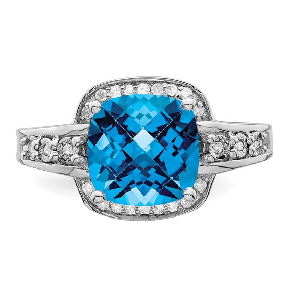 Sterling Silver Rhodium Diam. & Checker-Cut Blue Topaz Ring