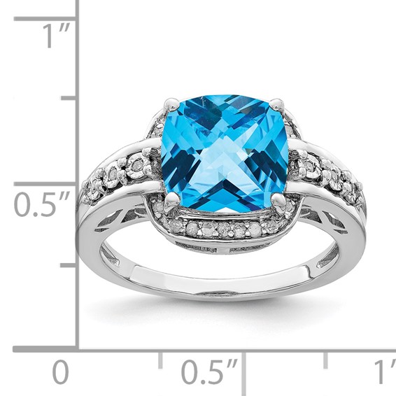 Sterling Silver Rhodium Diam. & Checker-Cut Blue Topaz Ring