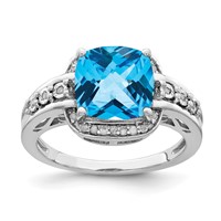 Sterling Silver Rhodium Diam. & Checker-Cut Blue Topaz Ring view 1