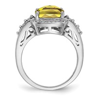 Sterling Silver Rhodium Diam. & Checker-Cut Lemon Quartz Ring view 2