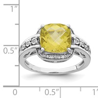 Sterling Silver Rhodium Diam. & Checker-Cut Lemon Quartz Ring view 4