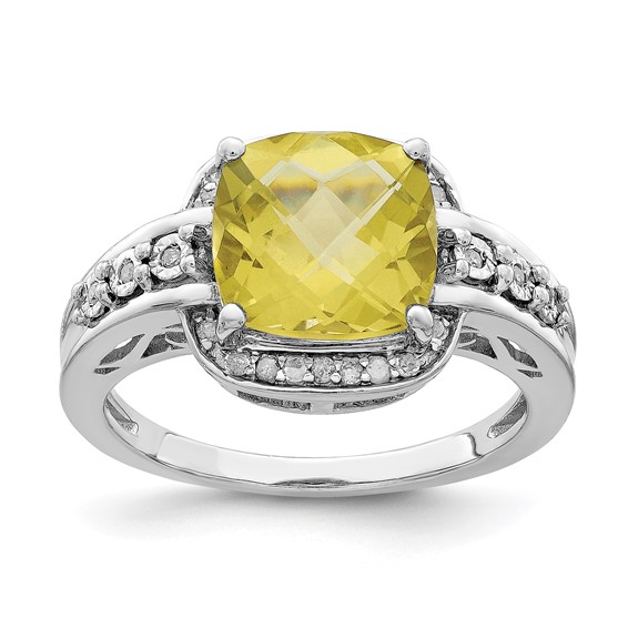 Sterling Silver Rhodium Diam. & Checker-Cut Lemon Quartz Ring