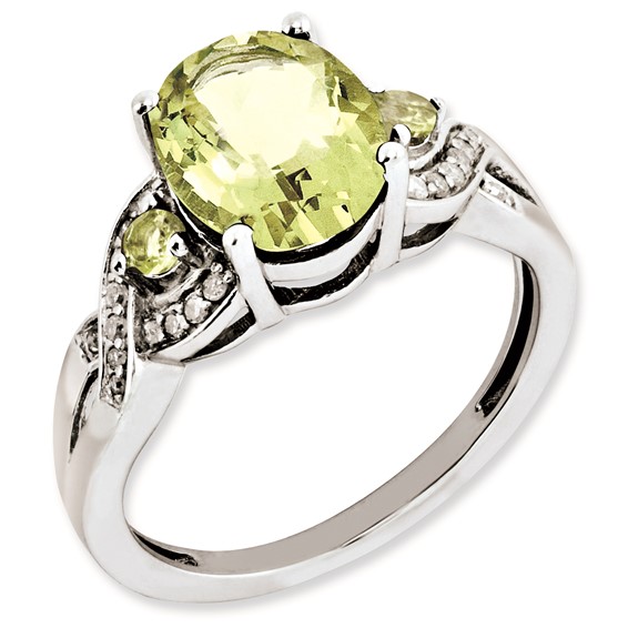 Sterling Silver Rhodium-plated Oval Diamond & Lemon Quartz Ring