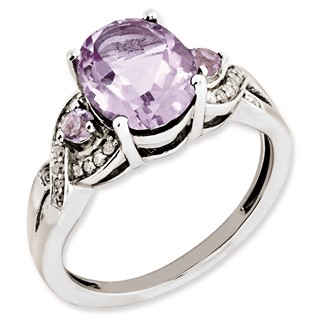 Sterling Silver Rhodium-plated Oval Diamond & Pink Quartz Ring