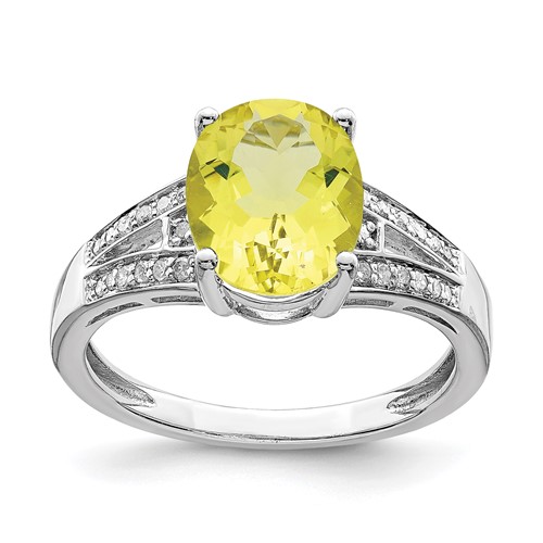 Sterling Silver Rhodium Diam. & Lemon Quartz Ring