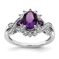 Sterling Silver Rhodium-plated Diamond & Oval Amethyst Ring view 1