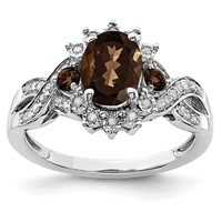 Sterling Silver Rhodium Diam. & Smoky Quartz Ring view 1
