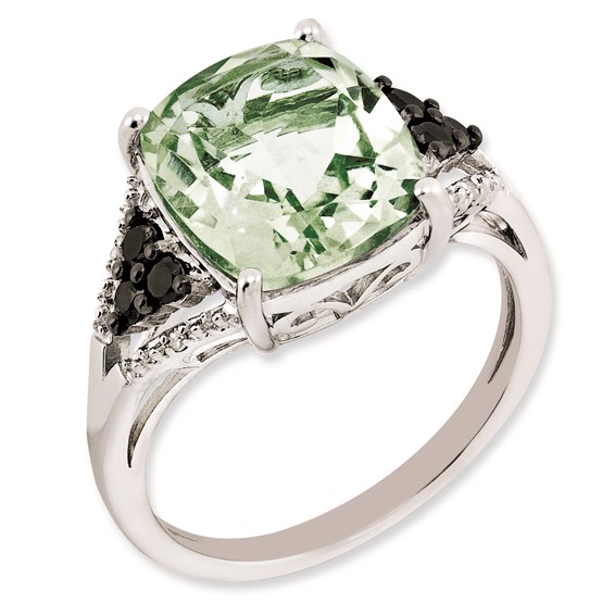 Sterling Silver Rhodium-plated Diamond & Green Quartz Ring