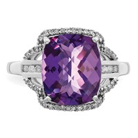 Sterling Silver Rhodium-plated Checker-Cut Amethyst & Diamond Ring view 5