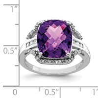 Sterling Silver Rhodium-plated Checker-Cut Amethyst & Diamond Ring view 3