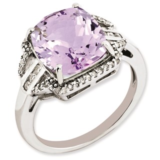 Sterling Silver Rhodium-plated Diamond & Checker-Cut Pink Quartz Ring