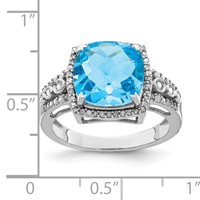 Sterling Silver Rhodium Checker-Cut Blue Topaz & Diam. Ring view 3