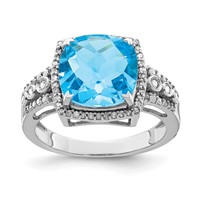 Sterling Silver Rhodium Checker-Cut Blue Topaz & Diam. Ring view 1