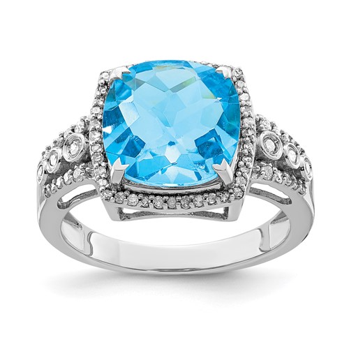 Sterling Silver Rhodium Checker-Cut Blue Topaz & Diam. Ring