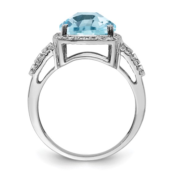 Sterling Silver Rhodium Diam. & Checker-Cut Sky Blue Topaz Ring