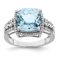 Sterling Silver Rhodium Diam. & Checker-Cut Sky Blue Topaz Ring view 1
