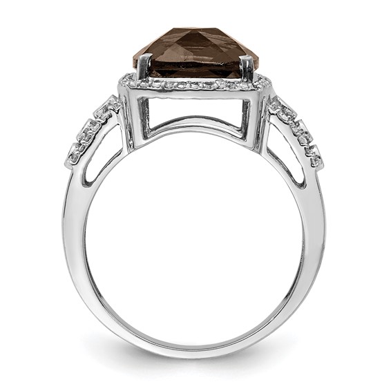 Sterling Silver Rhodium Diam. & Checker-Cut Smoky Quartz Ring