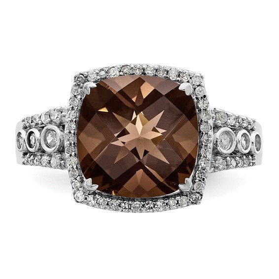 Sterling Silver Rhodium Diam. & Checker-Cut Smoky Quartz Ring