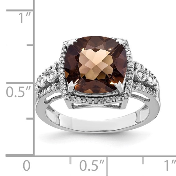 Sterling Silver Rhodium Diam. & Checker-Cut Smoky Quartz Ring