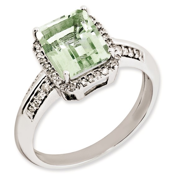 Sterling Silver Rhodium-plated Diamond & Green Quartz Ring