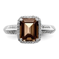 Sterling Silver Rhodium Octagonal Diam. & Smoky Quartz Ring view 5