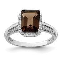 Sterling Silver Rhodium Octagonal Diam. & Smoky Quartz Ring view 1