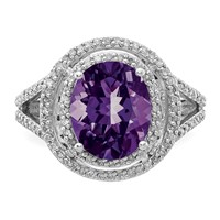 Sterling Silver Rhodium-plated Oval Amethyst & Diamond Ring view 5