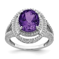 Sterling Silver Rhodium-plated Oval Amethyst & Diamond Ring view 1