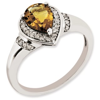 Sterling Silver Rhodium-plated Diamond & Whiskey Quartz Ring
