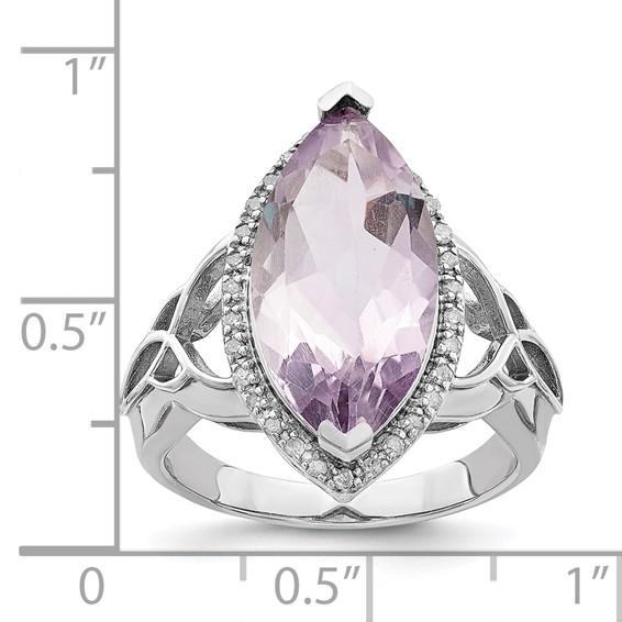 Sterling Silver Rhodium Diam. & Pink Quartz Ring