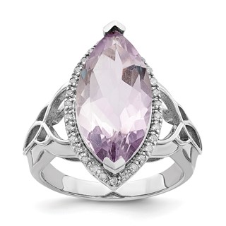 Sterling Silver Rhodium Diam. & Pink Quartz Ring