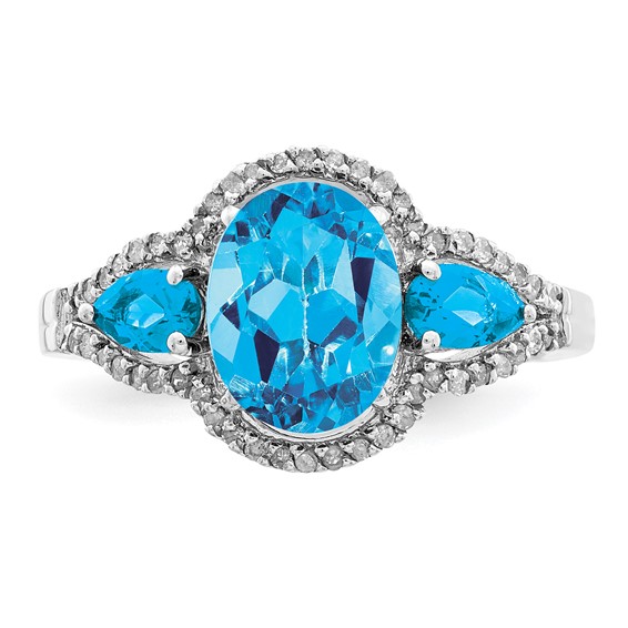 Sterling Silver Rhodium Oval Blue Topaz & Diam. Ring