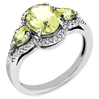 Sterling Silver Rhodium-plated Oval Diamond & Lemon Quartz Ring