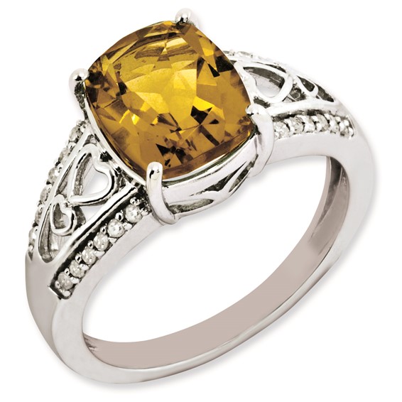 Sterling Silver Rhodium-plated Diamond & Whiskey Quartz Ring