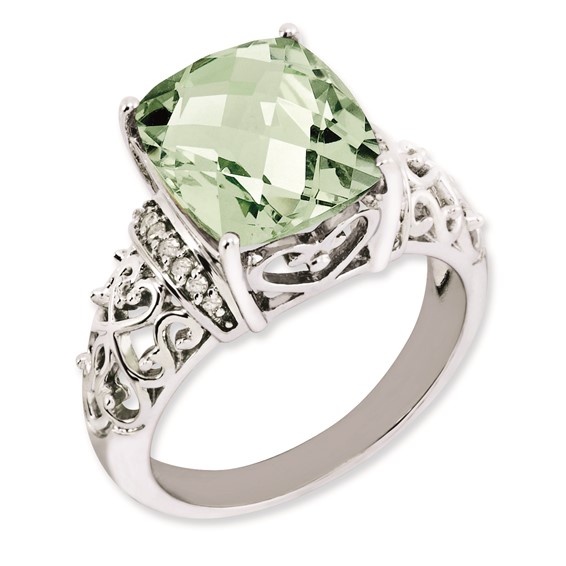 Sterling Silver Rhodium-plated Diamond & Checker-Cut Green Quartz Ring